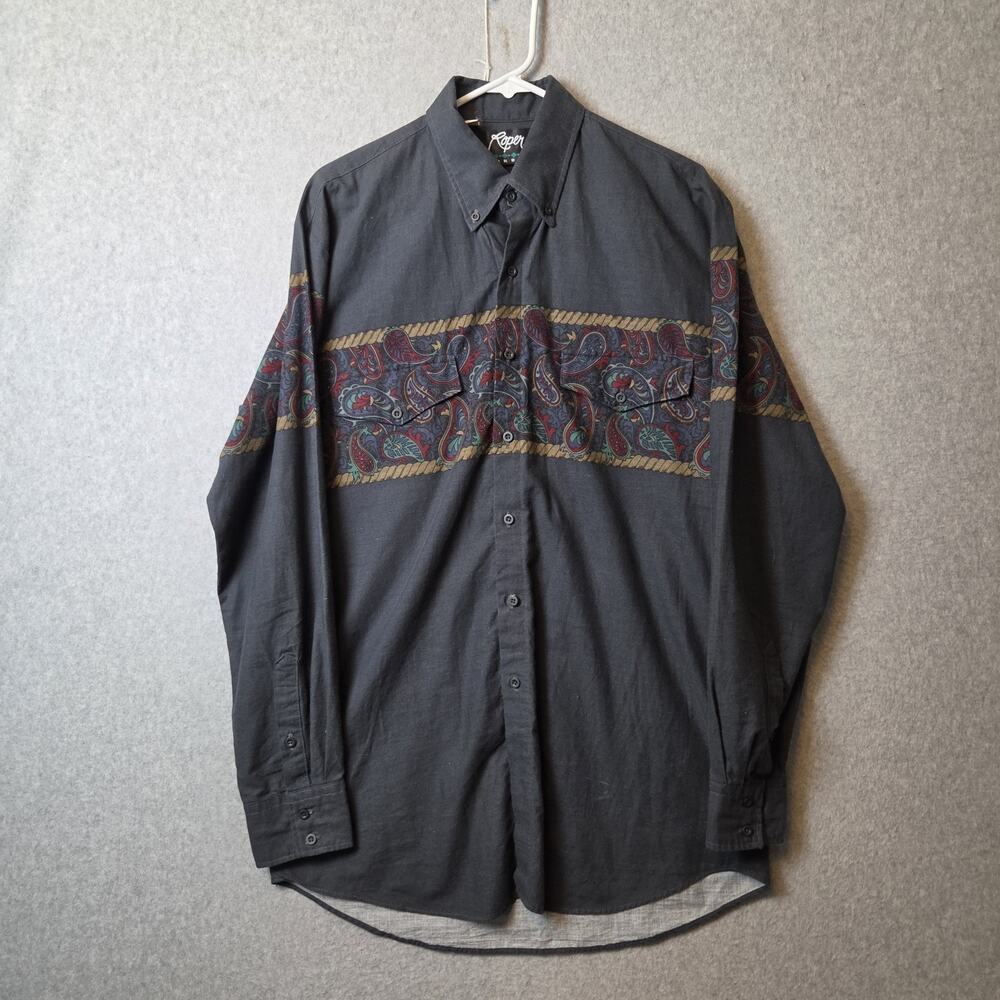 Vintage Roper Border 100% Cotton Gray Paisley LS Button Up Western Shirt Men's L